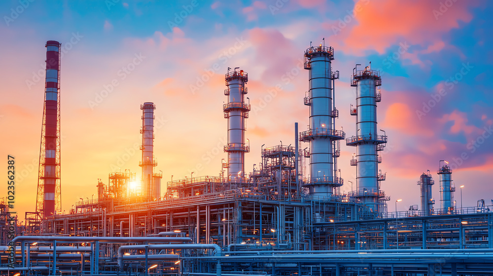 Fototapeta premium An industrial landscape featuring towering refinery structures against a vibrant sunset sky, illustrating the fusion of technology and nature in the energy sector.