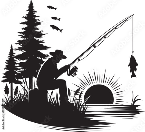 Fisherman Fishing Silhouette illustration isolated on a white background