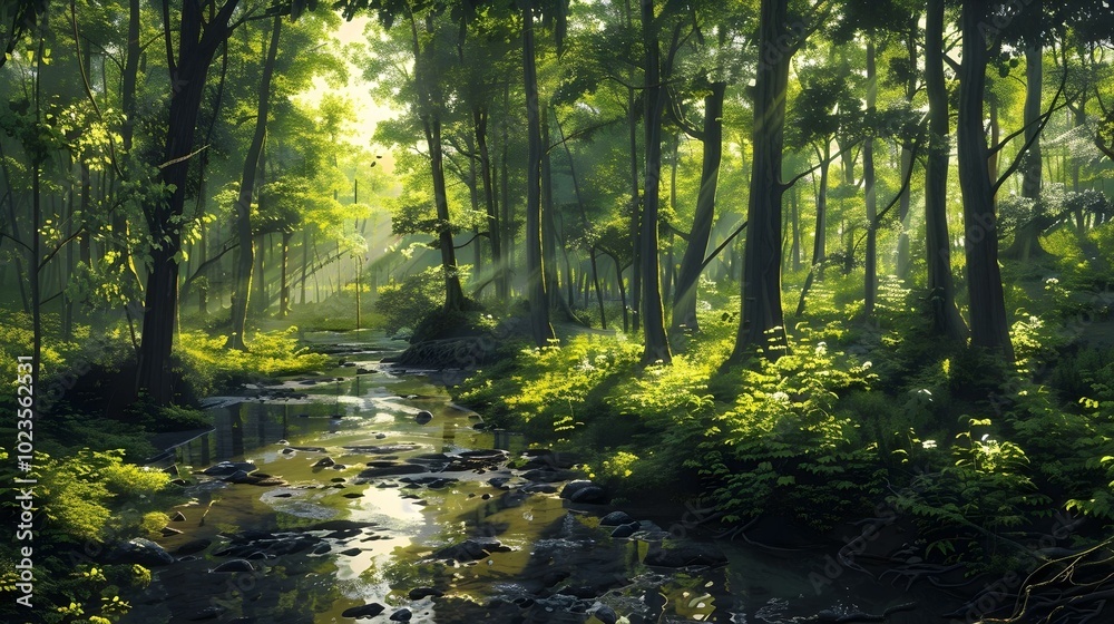 Obraz premium Tranquil forest stream with soft sunlight filtering through trees