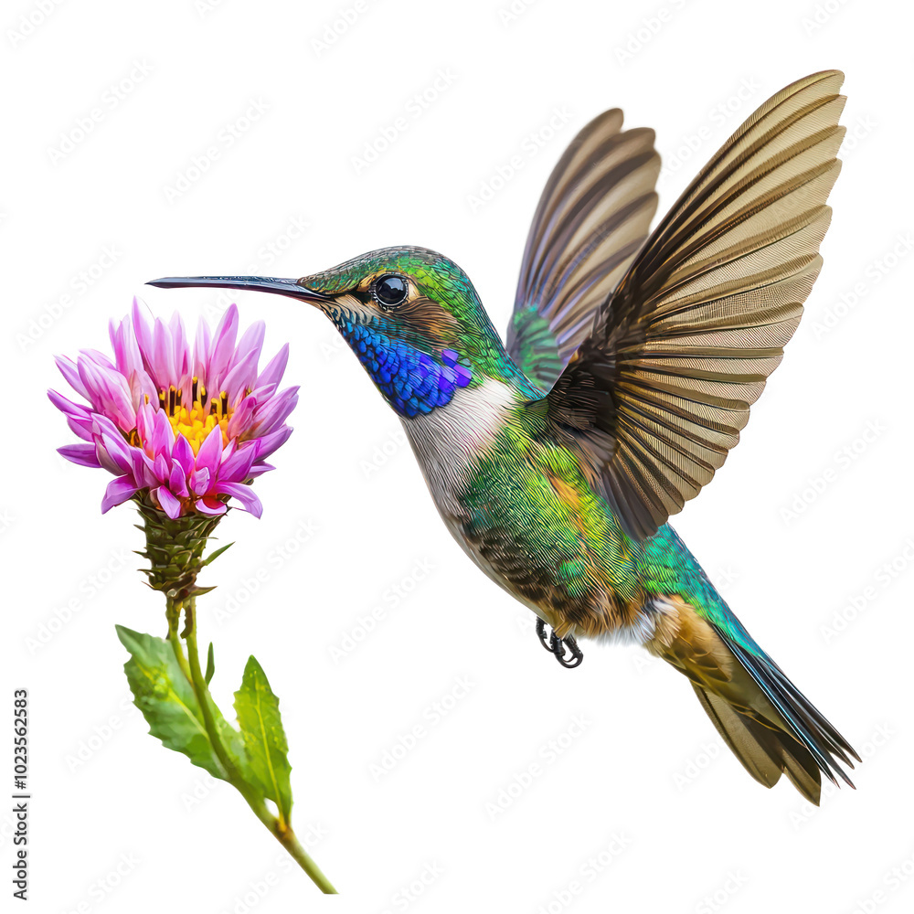 Obraz premium Colorful hummingbird hovering near a flower, with its iridescent feathers shimmering. isolated on transparency background