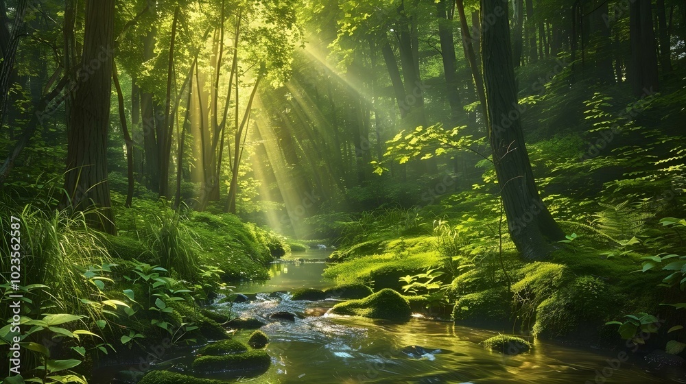 Fototapeta premium Enchanted forest with sun rays shining through trees