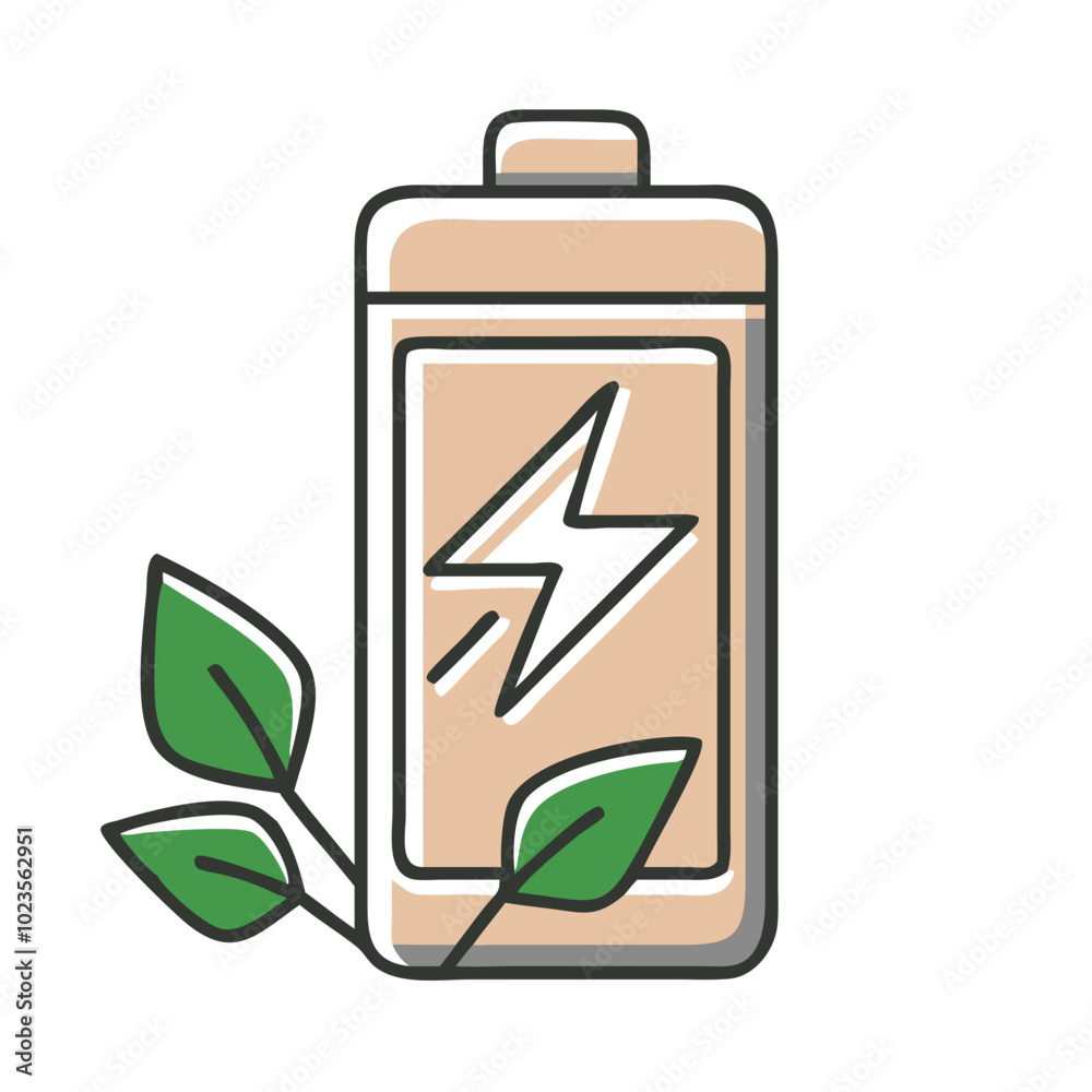 Green energy battery icon with leaves representing renewable power Green energy battery icon with leaves representing renewable power