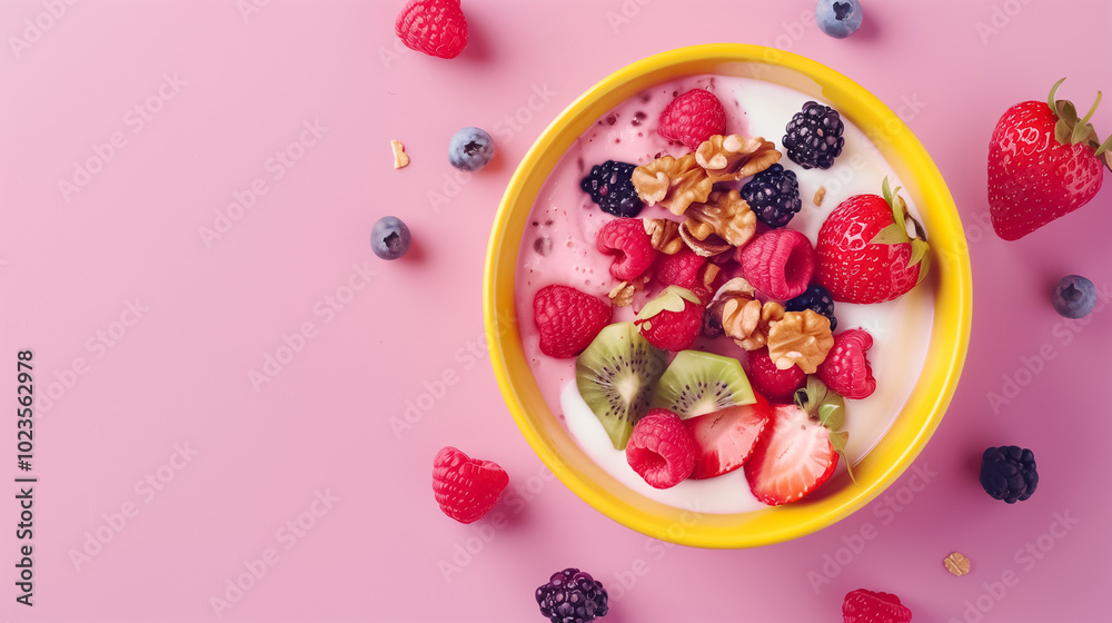 Vibrant Yogurt Dessert with Berries and Walnuts in Yellow Bowl Vibrant Yogurt Dessert with Berries and Walnuts in Yellow Bowl