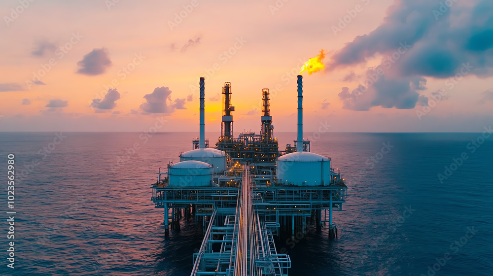Aerial view of an oil rig at sunset, showcasing industrial structures surrounded by ocean, with smoke and flames visible, highlighting energy production in a serene environment.
