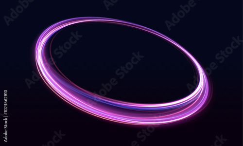 Vivid neon light circles on dark backdrop, perfect for modern design elements. Neon ellipse in the form of speed. Glowing spiral. 