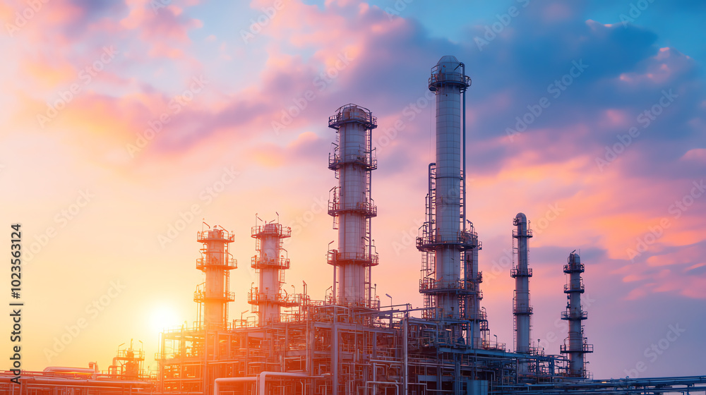 Fototapeta premium A striking industrial landscape showcasing tall smokestacks against a vibrant sunset, highlighting the blend of technology and nature in the manufacturing sector.