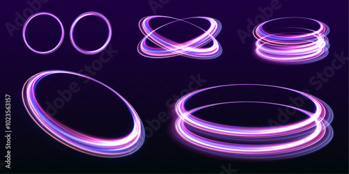 Set of neon blurry light circles at motion . Vector swirl trail effect. Abstract vector fire circles, sparkling swirls and energy light spiral frames.	