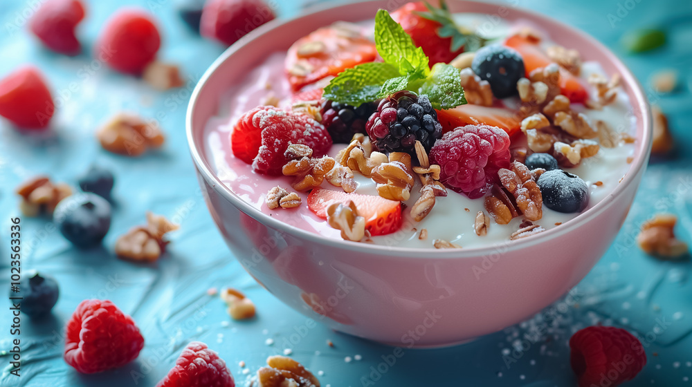Healthy Breakfast with Strawberries, Blueberries, and Nuts in a Pink Bowl Healthy Breakfast with Strawberries, Blueberries, and Nuts in a Pink Bowl