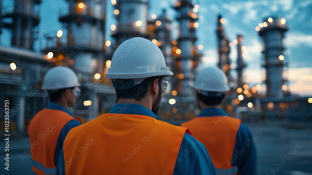 Three workers in safety gear observe an industrial site at dusk, surrounded by impressive structures and bright lights, emphasizing the significance of teamwork and safety in const