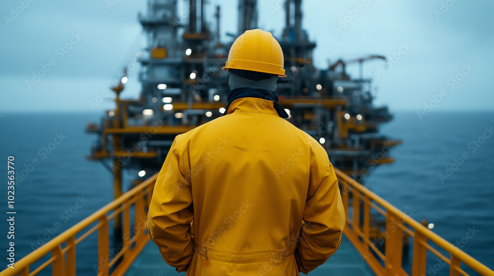 A worker in a yellow raincoat and helmet looking at an offshore oil rig. The scene captures the essence of industrial operations at sea in a moody environment. A worker in a yellow raincoat and helmet looking at an offshore oil rig. The scene captures the essence of industrial operations at sea in a moody environment.