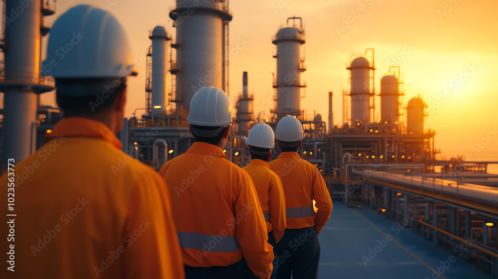 Workers in safety gear walking towards an industrial facility during sunset, showcasing teamwork and attention to safety in the workplace environment.