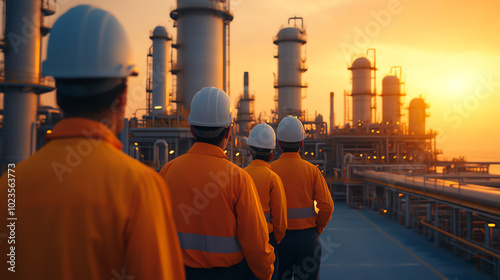 Obraz na płótnie Workers in safety gear walking towards an industrial facility during sunset, showcasing teamwork and attention to safety in the workplace environment. w salonie
