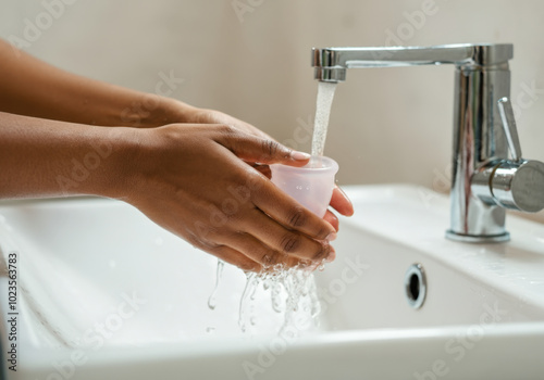 Woman is washing her reusable menstrual cup in the sink, embracing a sustainable lifestyle choice