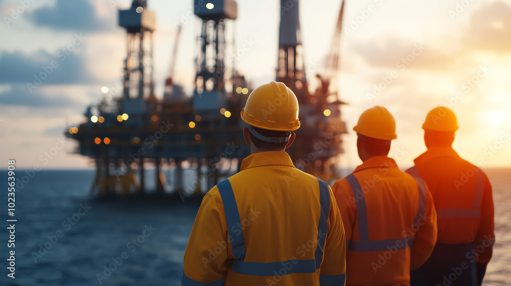 Workers in safety helmets observe an offshore oil rig at sunset, highlighting the importance of energy production and safety in the oil industry. Workers in safety helmets observe an offshore oil rig at sunset, highlighting the importance of energy production and safety in the oil industry.
