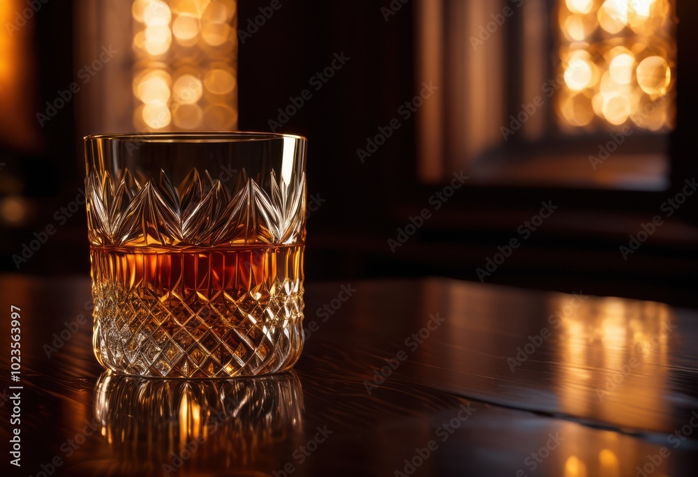 stunning reflections whiskey glass dark wood surface showcasing elegance texture, beverage, crystal, liquid, light, shadow, glossy, elegant, drinkware