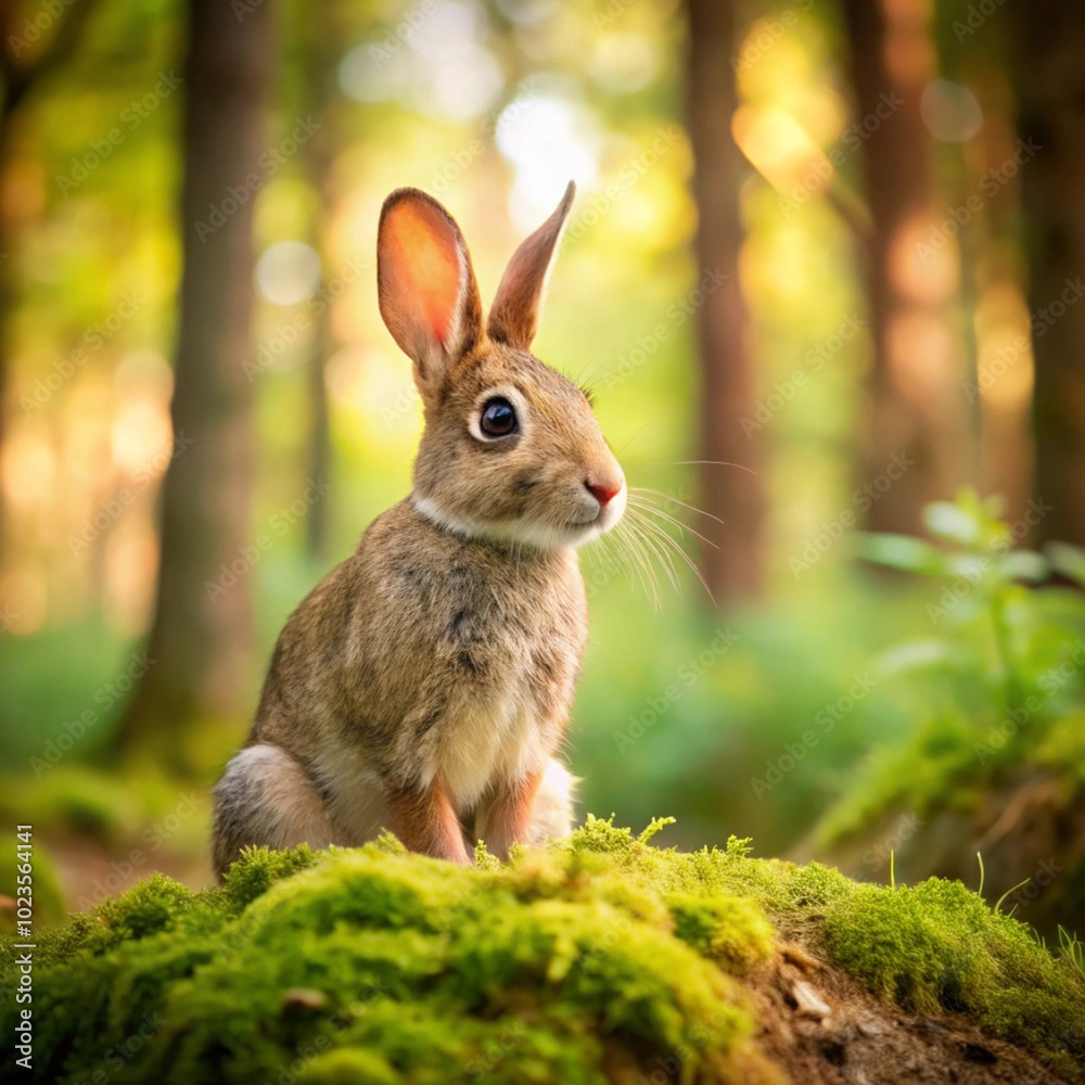 Fototapeta premium Adorable Wild Rabbit Sitting on Moss in a Sunlit Forest | beautiful rabbit Portrait