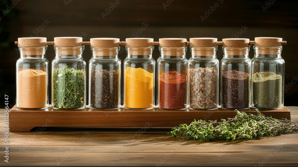 Spices in Glass Jars on Wooden Shelf Spices in Glass Jars on Wooden Shelf