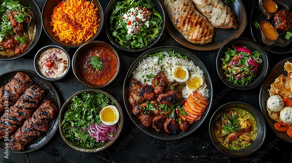 Delicious Middle Eastern Food Platter with Grilled Meat Rice Salads Dips Delicious Middle Eastern Food Platter with Grilled Meat Rice Salads Dips