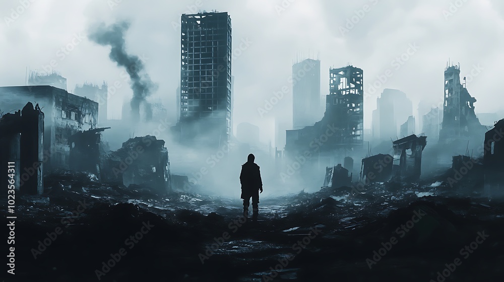 A solitary figure stands amidst a desolate, post-apocalyptic cityscape shrouded in mist and debris.