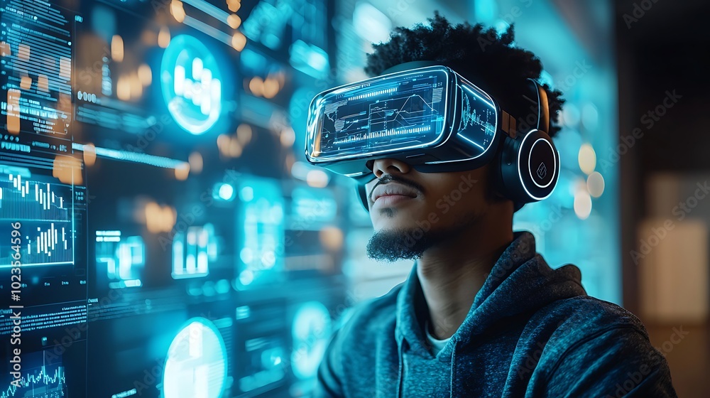 Man Wearing VR Headset Immersed in Virtual Reality with Futuristic Interface Man Wearing VR Headset Immersed in Virtual Reality with Futuristic Interface
