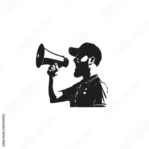 a vector black color silhouette of A young man with a beard wearing a baseball cap and shouting into a megaphone 