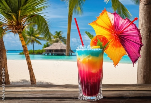 vibrant tropical beverage colorful umbrella surrounded lush greenery bright scenery sunny day, cocktail, drink, fruit, refreshing, juice, ice, garnish