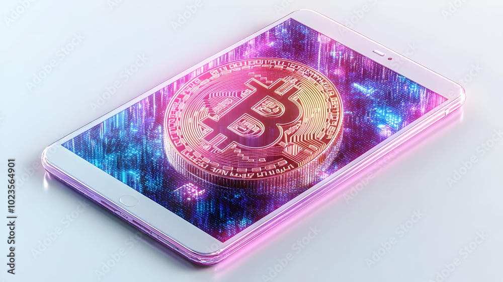 3D Glossy Tablet with Holographic Bitcoin Symbol and Discount Tag - Cryptocurrency Promotion and Business Advertising Icon on White Background 3D Glossy Tablet with Holographic Bitcoin Symbol and Discount Tag - Cryptocurrency Promotion and Business Advertising Icon on White Background