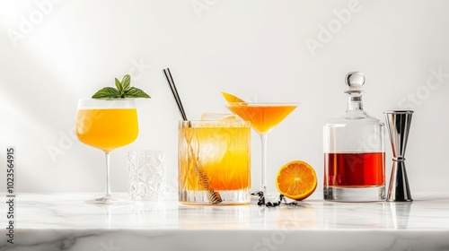 Orange Cocktails and Decanter on White Marble Surface