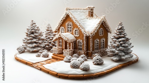 An intricately designed gingerbread house, isolated on white background. 
