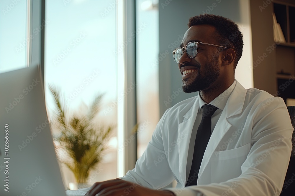 Fototapeta premium Smiling Healthcare Professional in White Coat Working on a Laptop in a Bright, Modern Office Environment During Daytime