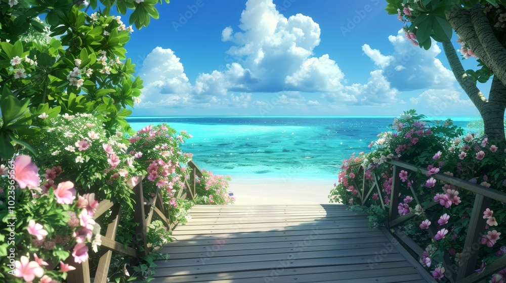 Fototapeta premium Paradise Path Tranquil Beach Escape with Vibrant Floral Border and Pristine Waters