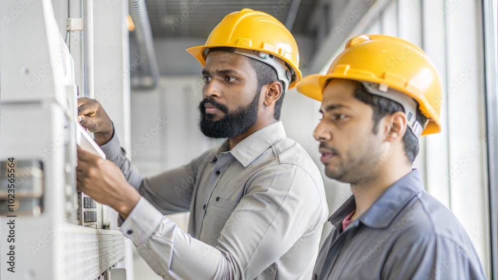 Side-by-side profile view of two india workers inspecting and maintaining buildings and equipment. Upper body close-up. Side-by-side profile view of two india workers inspecting and maintaining buildings and equipment. Upper body close-up.