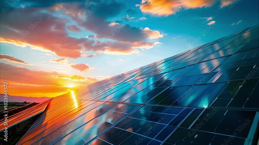 A sunset reflecting off solar panels in a vibrant sky, showcasing renewable energy and natural beauty. A sunset reflecting off solar panels in a vibrant sky, showcasing renewable energy and natural beauty.