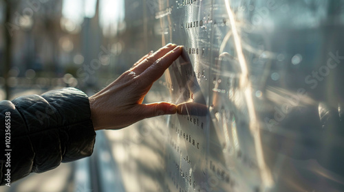 A close-up of a hand gently touching a name on a war memorial wall, with a reflection of the personâs face faintly visible. photo