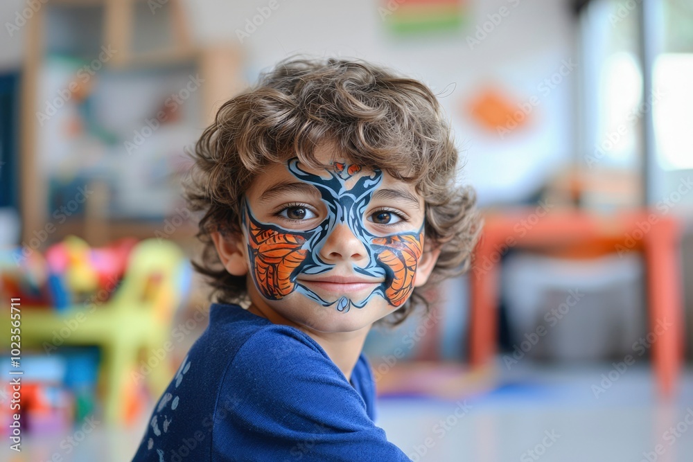 A Young Boy With Curly Brown Hair Wearing A Blue Shirt And A Colorful Face Painting A Young Boy With Curly Brown Hair Wearing A Blue Shirt And A Colorful Face Painting