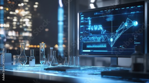 Futuristic Financial Analysis Dashboard with Lab Equipment