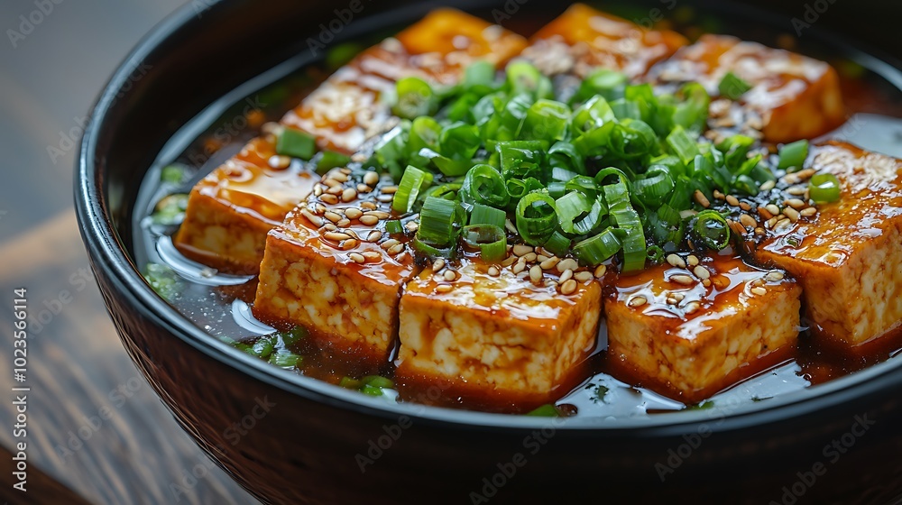 Agedashi Tofu in Dashi Broth: Crispy, fried tofu cubes served in a warm dashi broth, topped with finely sliced green onions and bonito flakes, presented in a deep, traditional bowl. Agedashi Tofu in Dashi Broth: Crispy, fried tofu cubes served in a warm dashi broth, topped with finely sliced green onions and bonito flakes, presented in a deep, traditional bowl.