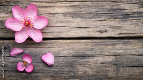 Pink flower with scattered petals on wooden surface.