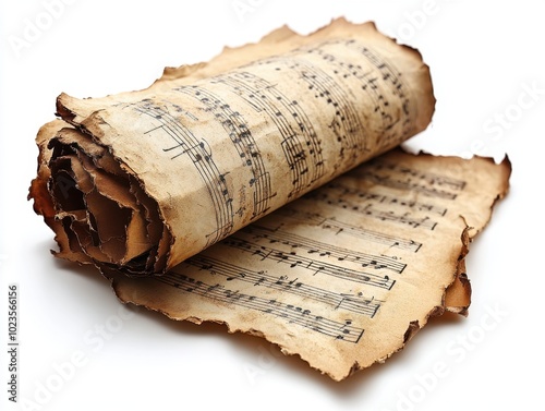 Musical notes and a Christmas song sheet, isolated on white background. 