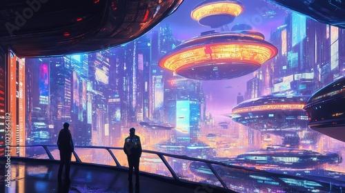 Futuristic City Skyline with Glowing Skyscrapers and Flying Vehicles photo