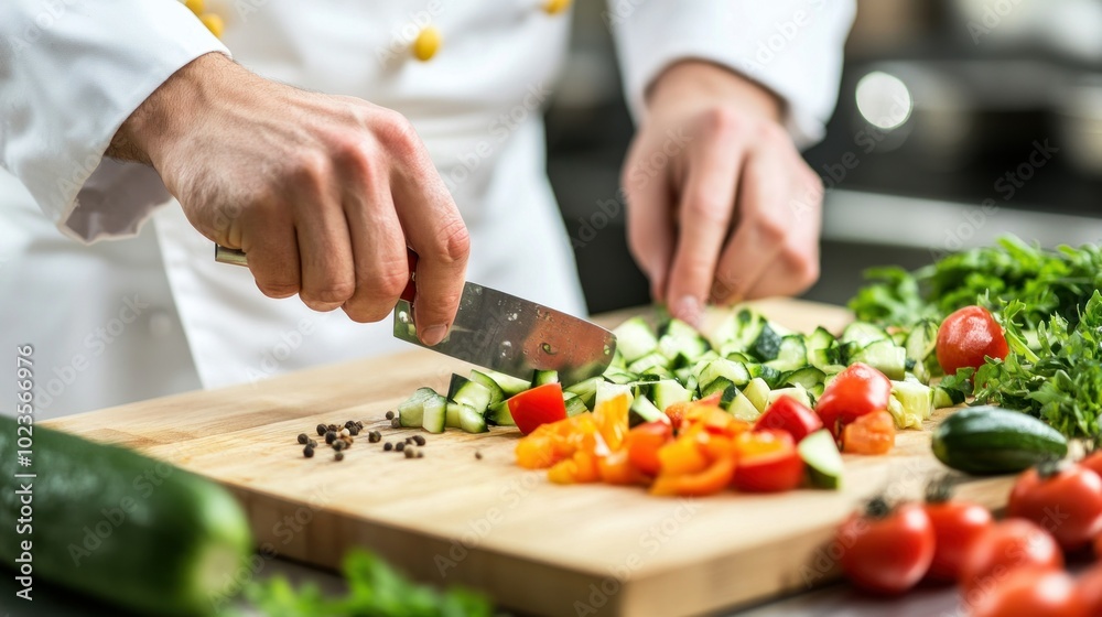 Chef's Hand Chopping Fresh Vegetables on a Cutting Board Chef's Hand Chopping Fresh Vegetables on a Cutting Board