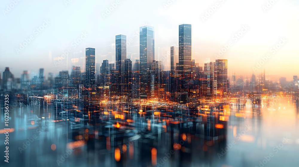 3D Bokeh Cityscape Blending into Data Visualization: Wide Angle Urban Skyline Transitioning to Colorful Digital Insights for Smart Cities and Technological Advancement 3D Bokeh Cityscape Blending into Data Visualization: Wide Angle Urban Skyline Transitioning to Colorful Digital Insights for Smart Cities and Technological Advancement