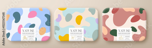 Fruit Bath Cosmetics Package Boxes Set. Vector Wrapped Paper Containers with Care Label Design. Modern Typography and Hand Drawn Berries. Abstract Camo Background Pattern Layout Isolated
