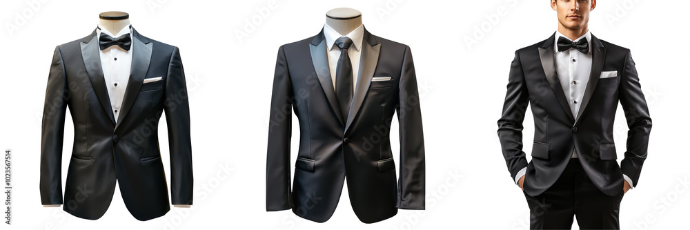 A groom's suit classic black tuxedo satin lapels white shirt isolated on white and transparent background A groom's suit classic black tuxedo satin lapels white shirt isolated on white and transparent background
