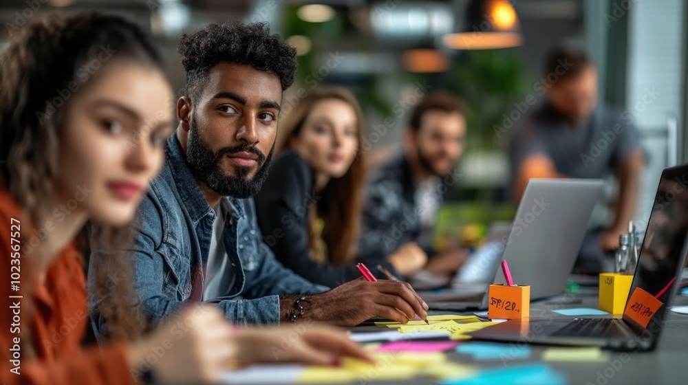 A bearded man and woman brainstorming with sticky notes and a laptop. A bearded man and woman brainstorming with sticky notes and a laptop.