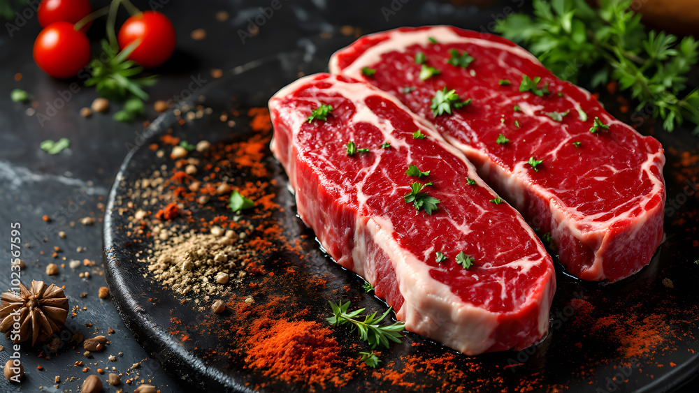 Overhead shot of Angus beef steaks on cast iron grill with spices, herbs, and copy space Overhead shot of Angus beef steaks on cast iron grill with spices, herbs, and copy space