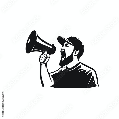 a vector black color silhouette of A young man with a beard wearing a baseball cap and shouting into a megaphone 