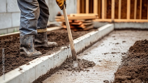 A worker uses a tool to level the wet concrete at a construction site during early morning hours