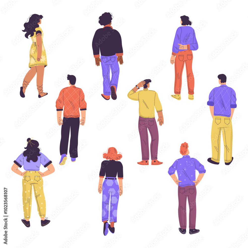 Fototapeta premium People Character Standing from Behind Back View Vector Set
