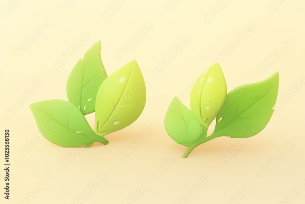 Two 3D Rendered Green Leaf Sprigs on a Pastel Yellow Background Two 3D Rendered Green Leaf Sprigs on a Pastel Yellow Background